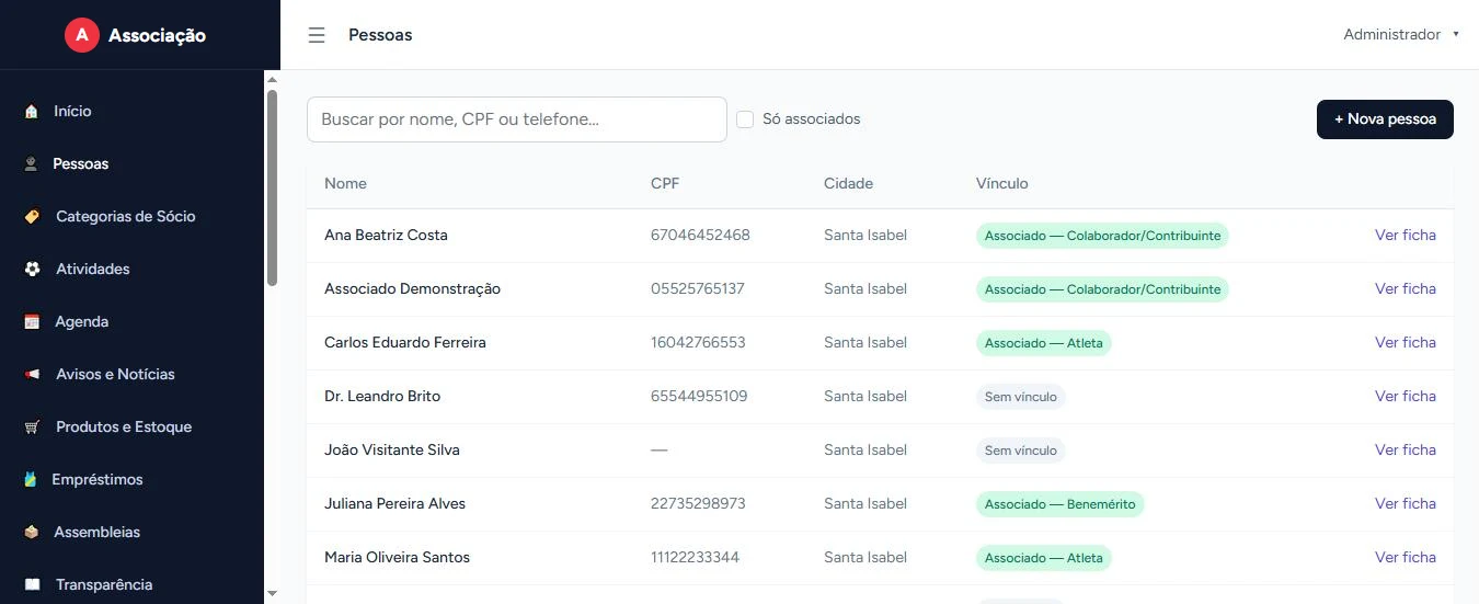 Tela do sistema de gestão para associações